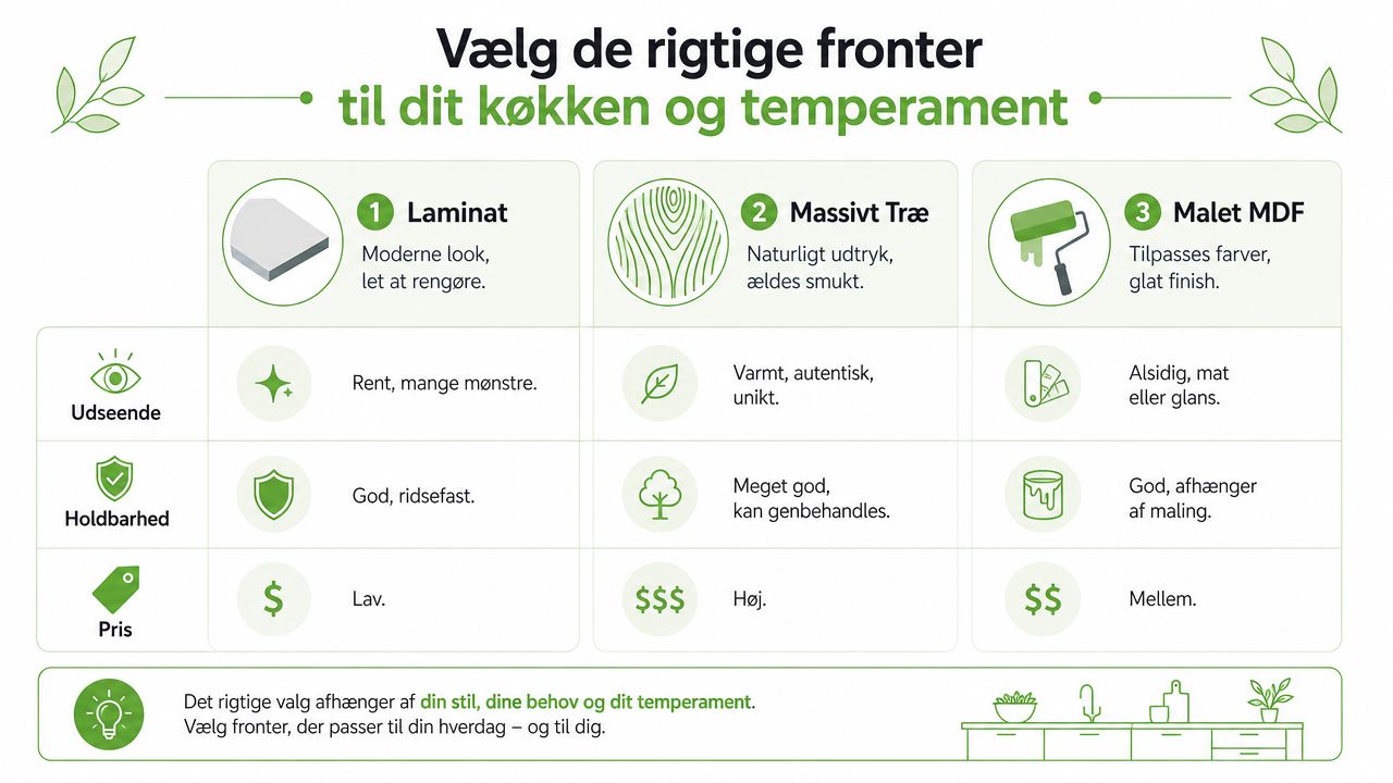 En sammenligningsguide over forskellige køkkenfronter herunder laminat, massivt træ og malet MDF til valg af køkken.