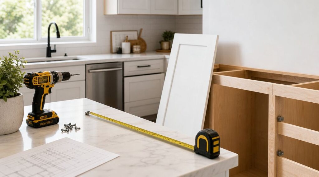 Billedet viser et køkken under renovering med værktøj og materialer klar til montering.