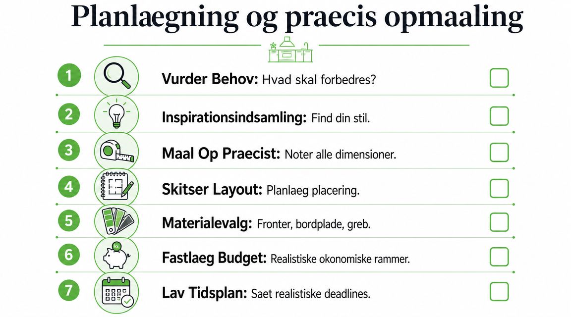 En tjekliste med syv trin til planlægning og opmåling af et nyt køkkenprojekt til hjemmet.
