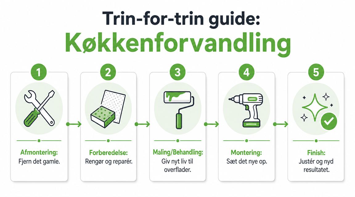 Infografik med fem trin til gør-det-selv køkkenforvandling, fra afmontering af det gamle til finish og det endelige resultat.