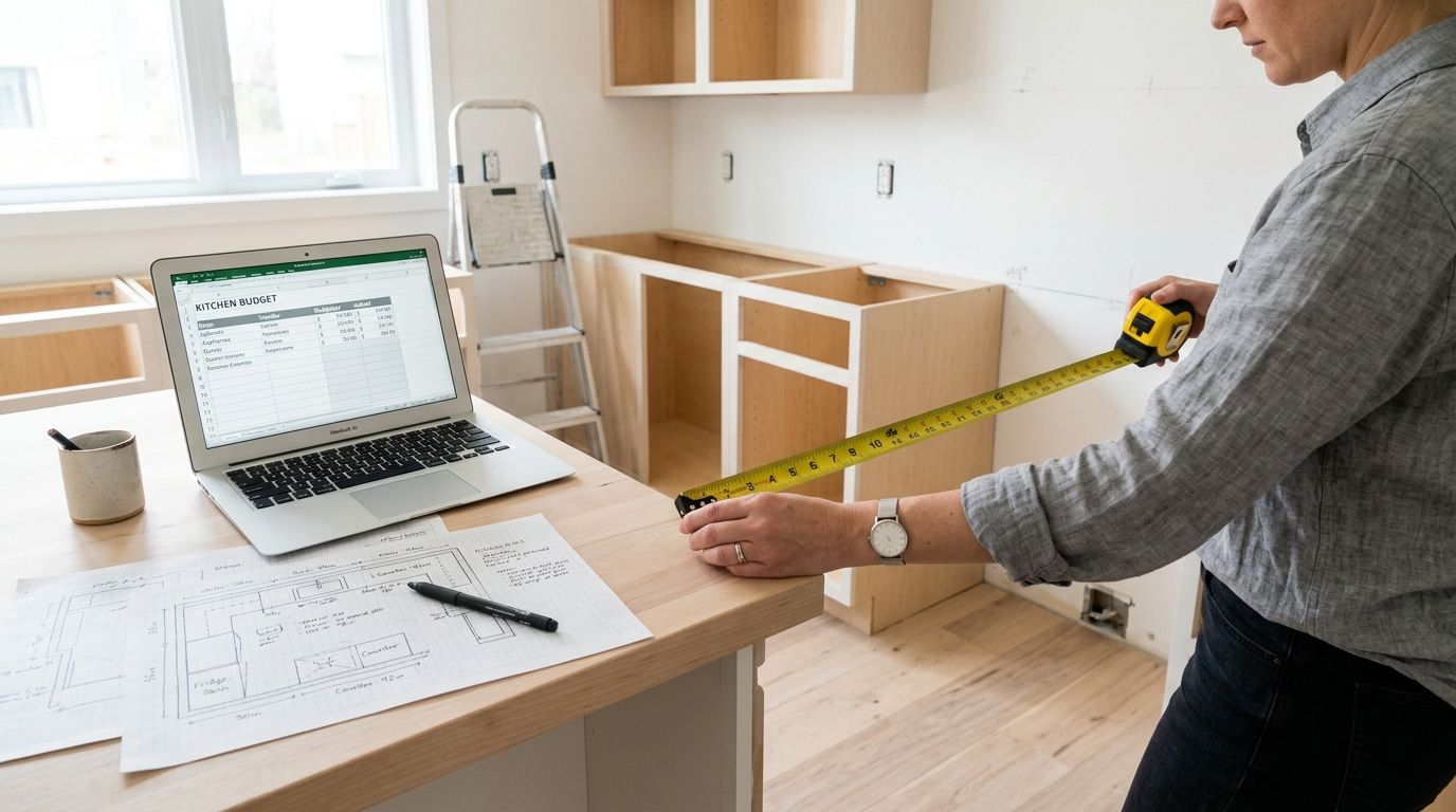 En person måler en bordplade i et køkken under renovering med en målebånd, bærbar computer og tegninger.