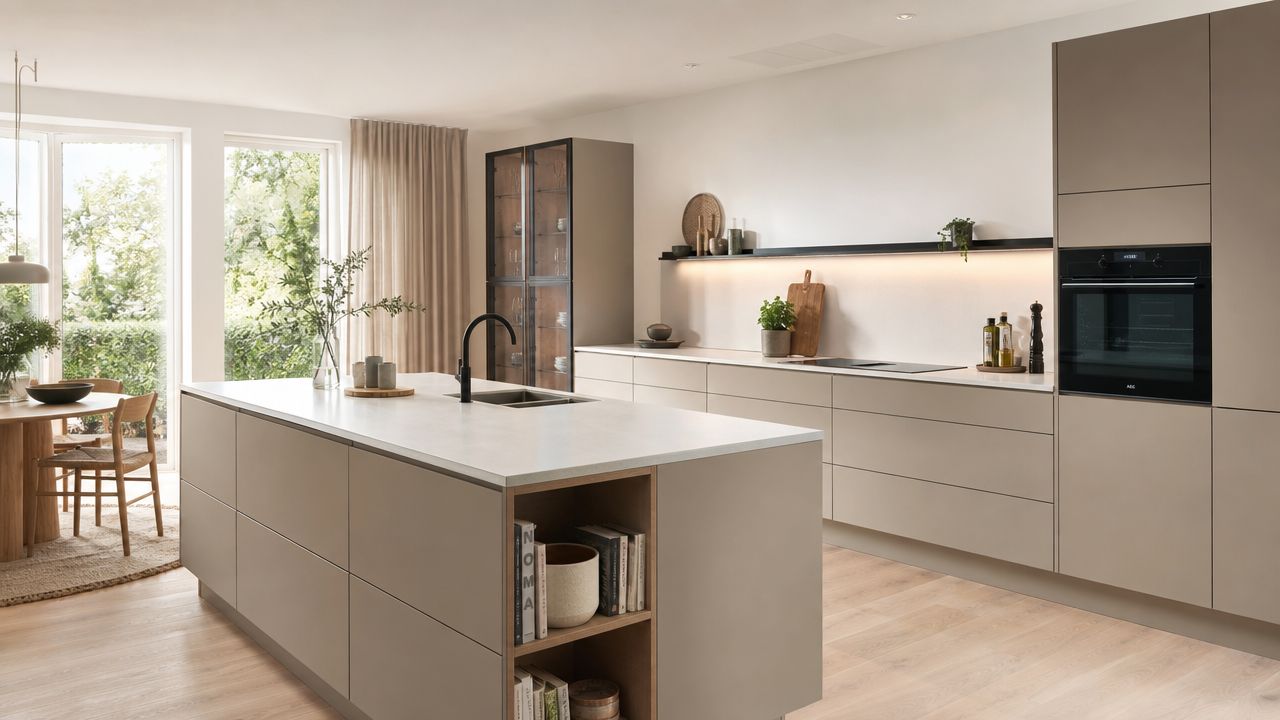 Et moderne køkken fra HTH med en køkkenø, beige fronter og en indbygget ovn i et lyst rum.