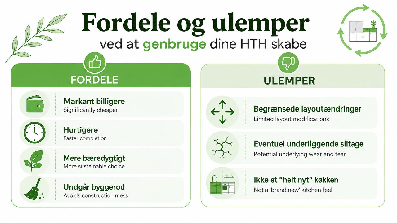En grafisk oversigt over fordele og ulemper ved at genbruge dine eksisterende HTH køkkenskabe i hjemmet.