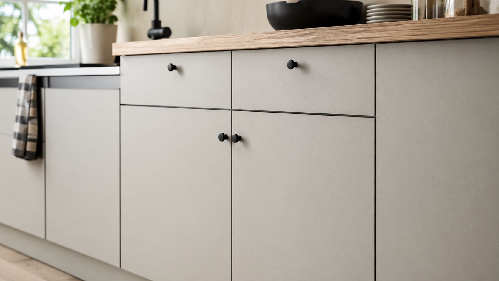 Moderne køkken med elegante lysegrå låger, træbordplade og sorte greb i et stilrent skandinavisk design.