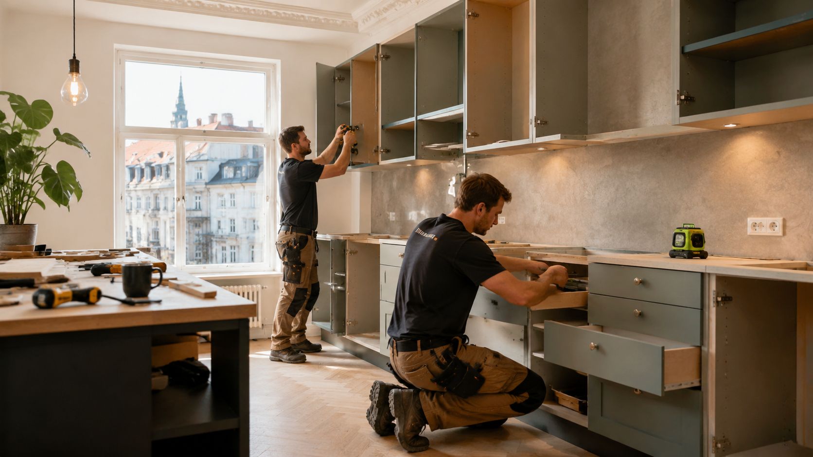 To professionelle håndværkere er i gang med at montere nye køkkenskabe i et lyst og moderne køkken.