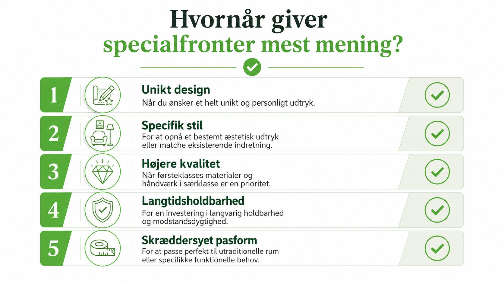 En oversigt over fem grunde til at vælge specialfremstillede fronter til dine skabe eller køkkenelementer.