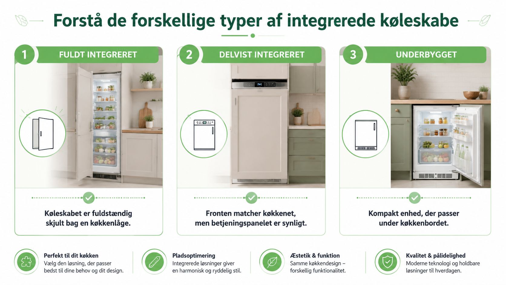 En grafisk oversigt over tre forskellige typer af integrerede køleskabe til det moderne køkkenmiljø.