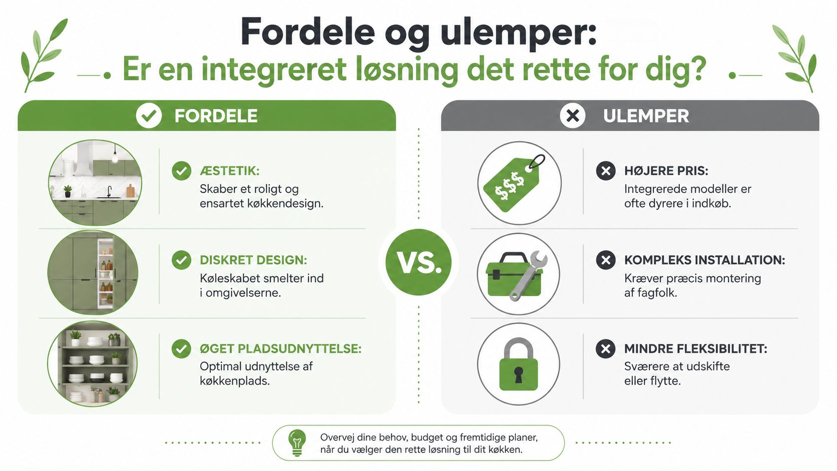 En infografik der viser fordele og ulemper ved at vælge en integreret køleskabsløsning til dit køkken.