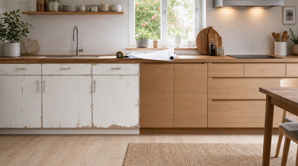 Moderne køkken med træ- og hvide elementer, stor vask og naturligt lys, perfekt til boligrenovering.