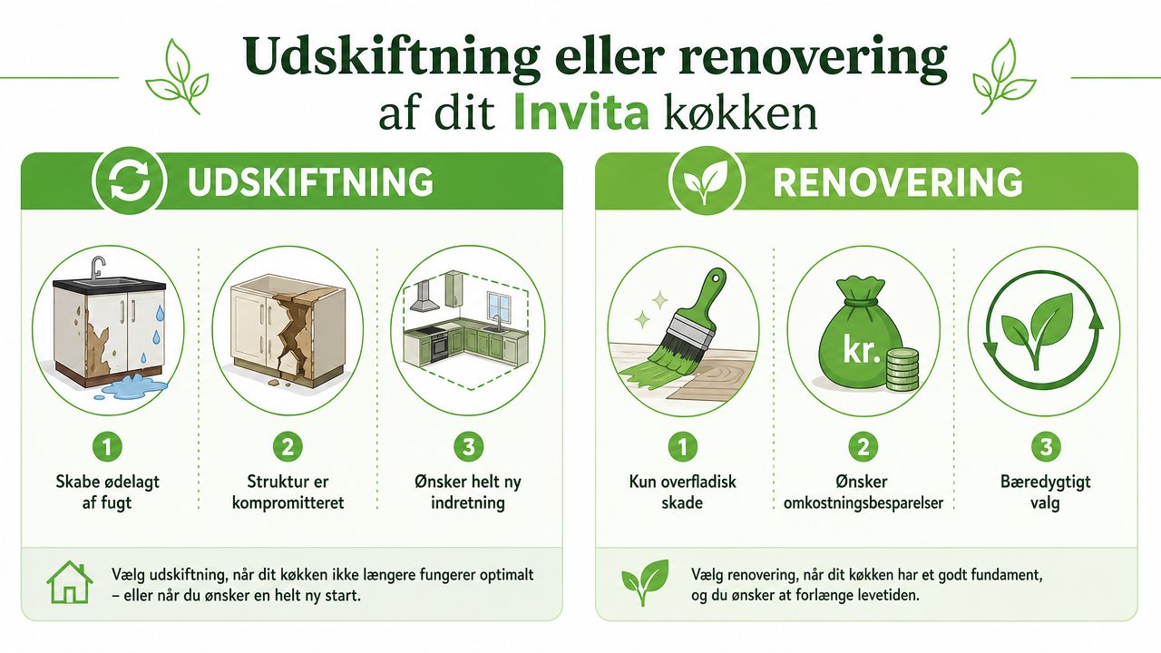 Illustration af udskiftning og renovering af Invita køkken med fokus på bæredygtighed og funktionali.
