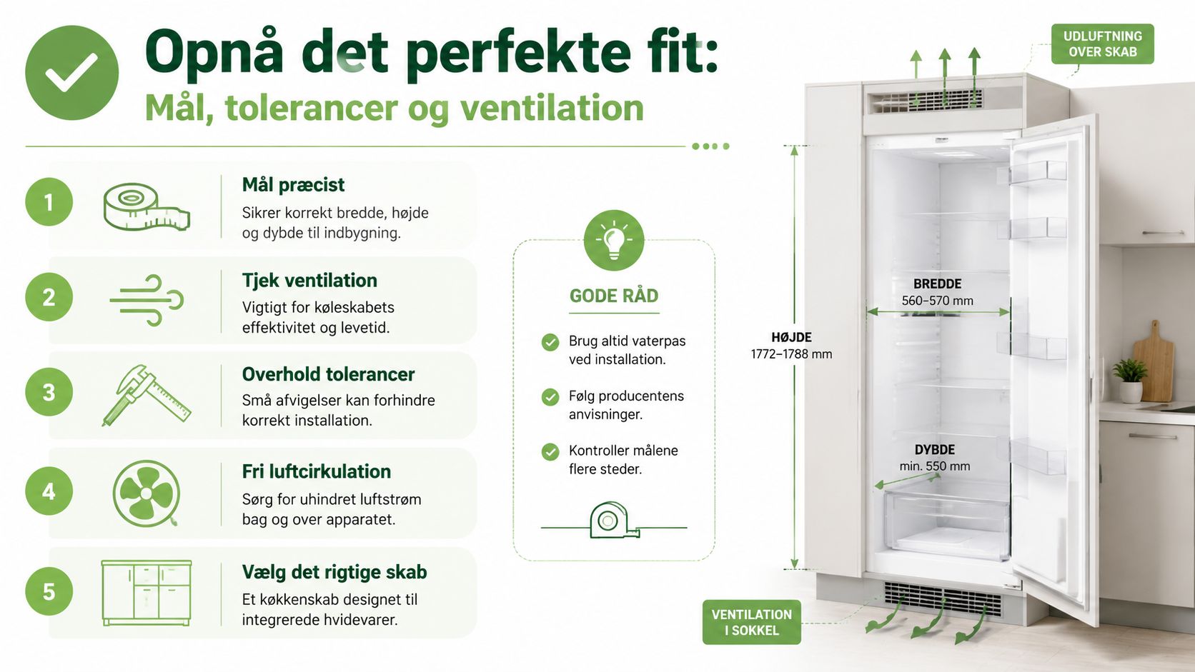 Infografik der viser vigtige mål, tolerancer og korrekt ventilation ved installation af et integreret køleskab i køkkenskab.