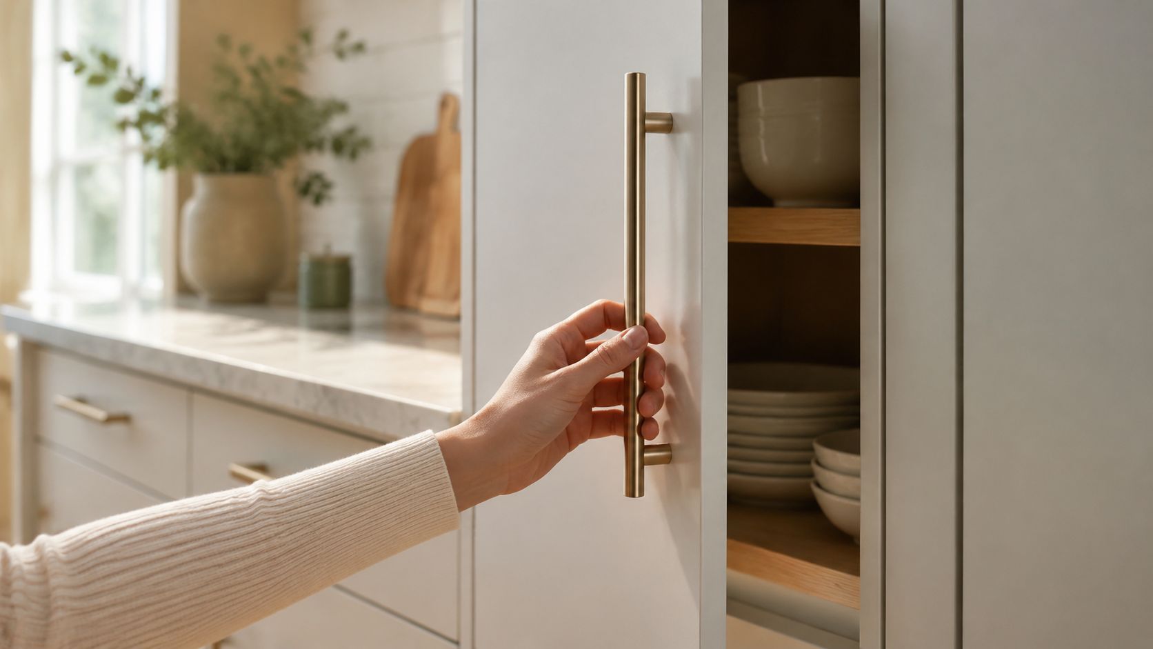 En kvinde åbner et køkkenskab ved hjælp af et moderne, elegant guldhåndtag i et lyst køkkeninteriør.