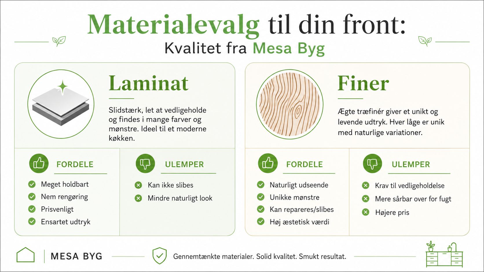 Sammenligning af laminat- og finerfronter til køkkenet med fordele og ulemper fra Mesa Byg.