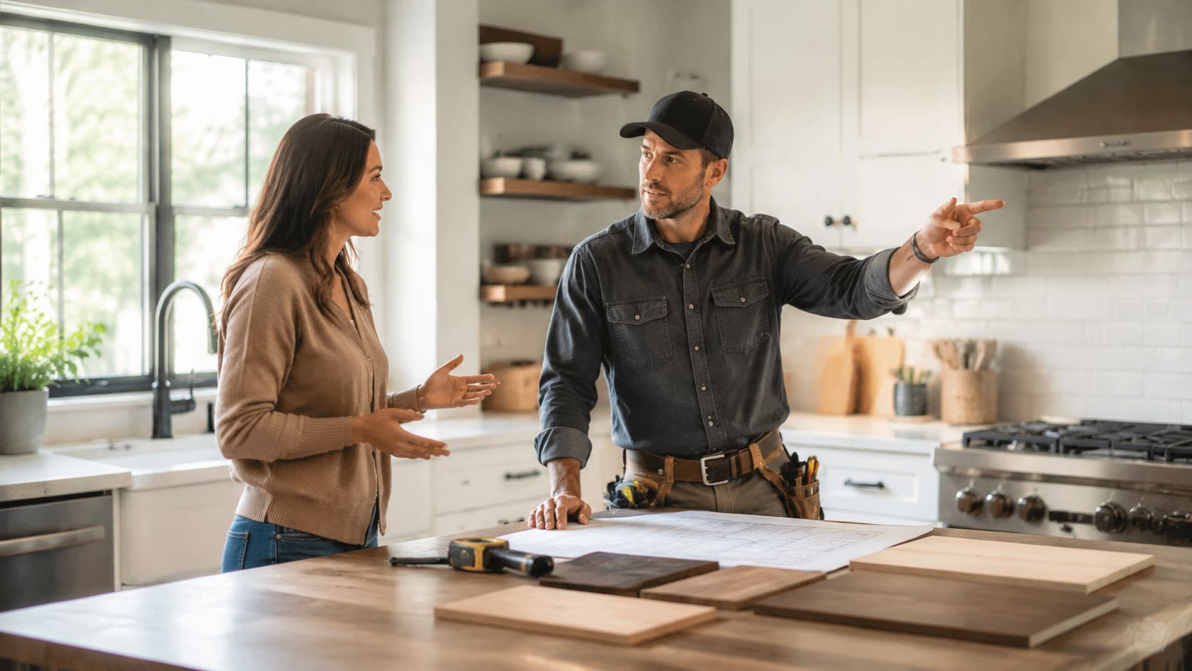 En kvinde og en professionel håndværker taler sammen om køkkenrenovering ved hjælp af tegninger på et bord.