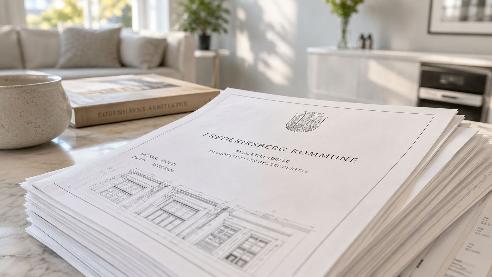 Dokumenter fra Frederiksberg Kommune vedrørende byggetilladelse til en køkkenrenovering placeret på et marmorbord i et stueområde.