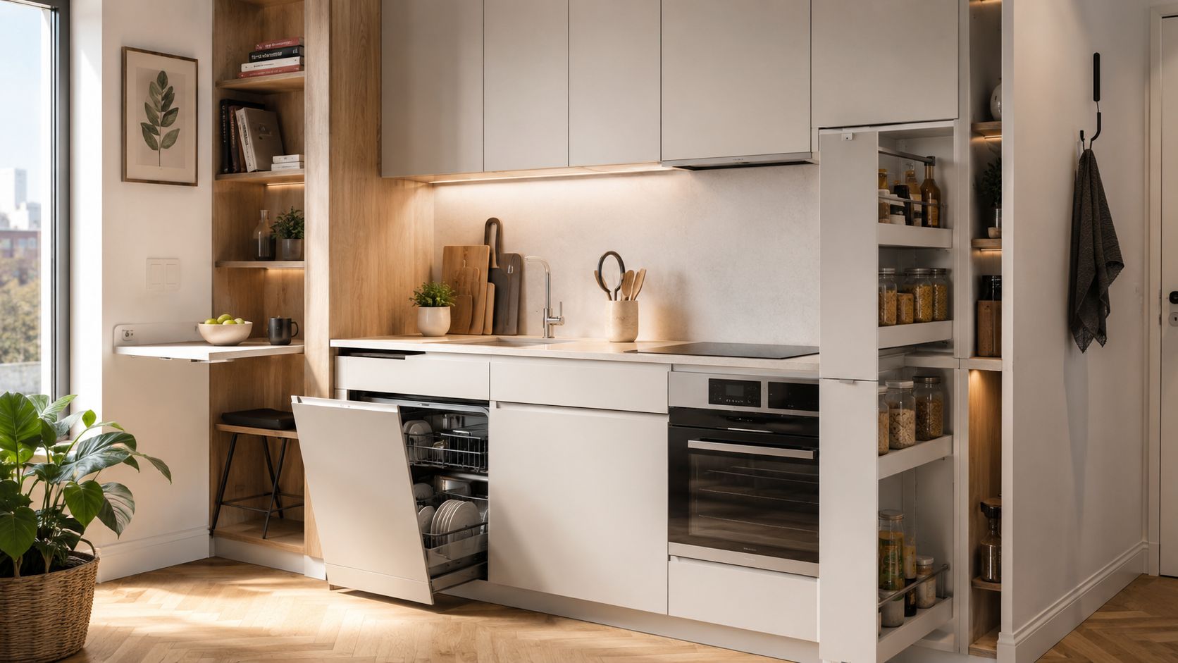 Moderne køkkenindretning med integreret opvaskemaskine, ovn og åbne hylder i et lyst og funktionelt design.
