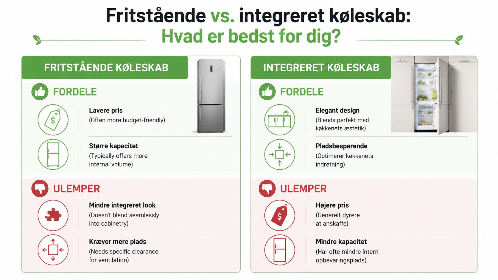 Sammenligning af fordele og ulemper ved fritstående versus integrerede køleskabe til det moderne køkken.