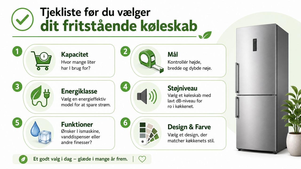 En tjekliste med seks punkter til valg af det helt rigtige fritstående køleskab til dit køkken.