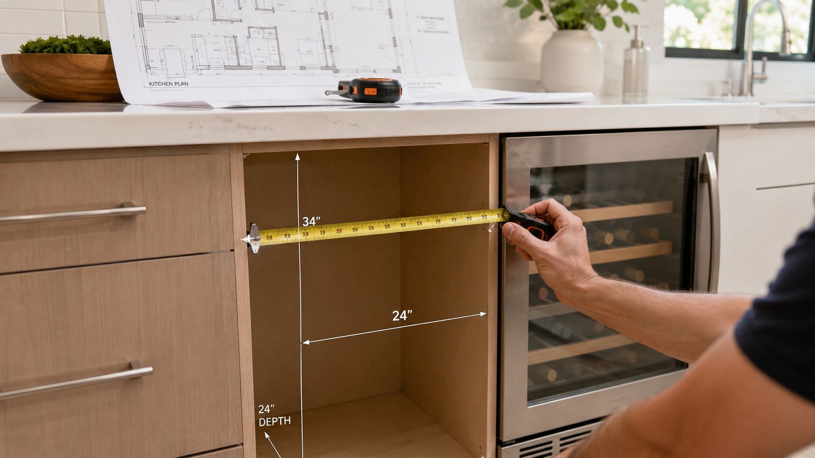 En hånd måler et køkkenskab med et målebånd for at tjekke dimensioner før installation af vinkøleskab.