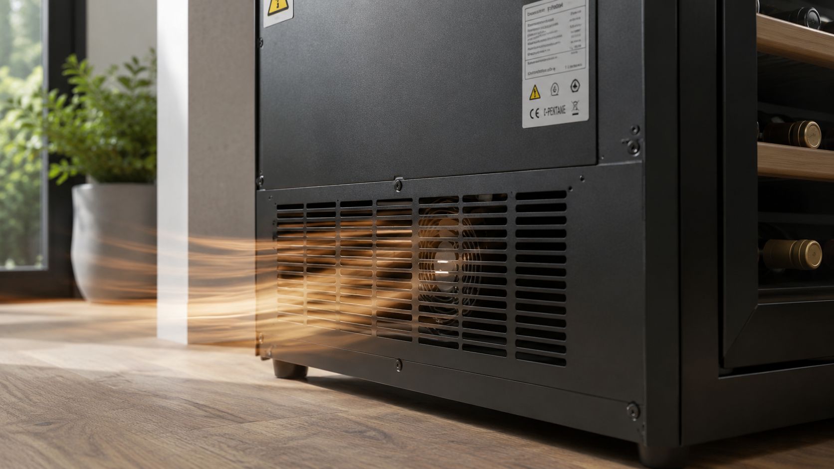 Bagside af et sort vinkøleskab, der viser ventilationsristen og den varme luft, som kommer ud af blæseren.