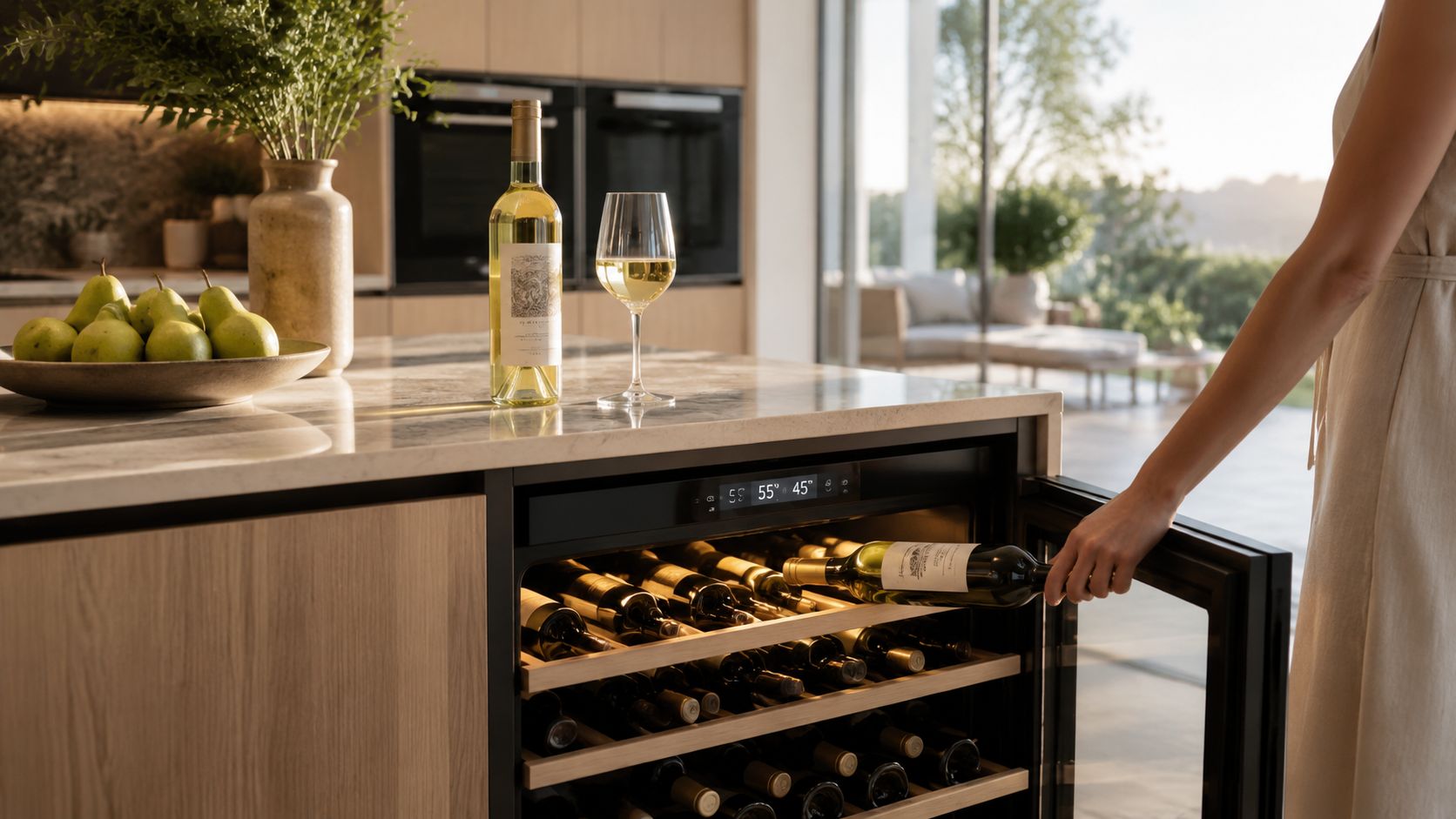 En kvinde tager en flaske vin fra et elegant vinkøleskab i et moderne, lyst køkkeninteriør.