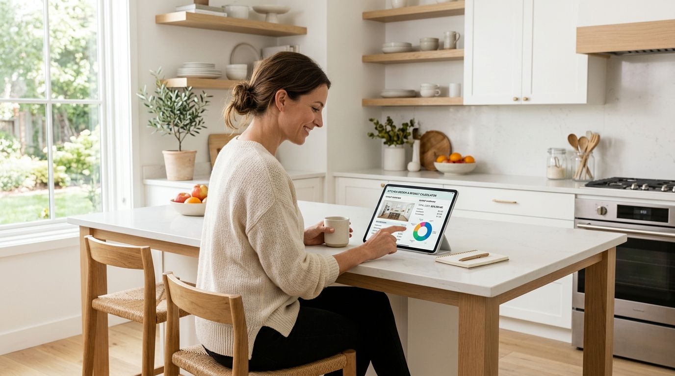 En kvinde sidder ved køkkenbordet og bruger en tablet til at beregne prisen på et nyt køkken.