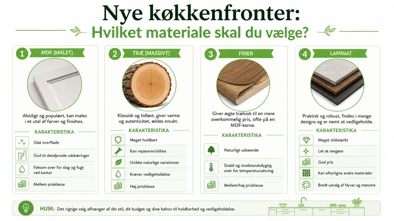 En oversigt over forskellige køkkenfront-materialer som MDF, massivt træ, finer og laminat med deres egenskaber og fordele.