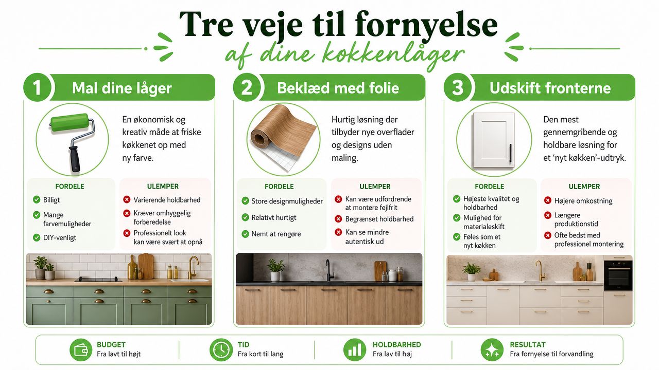 En infografik der viser tre måder at forny dine køkkenlåger på: maling, folie eller udskiftning.