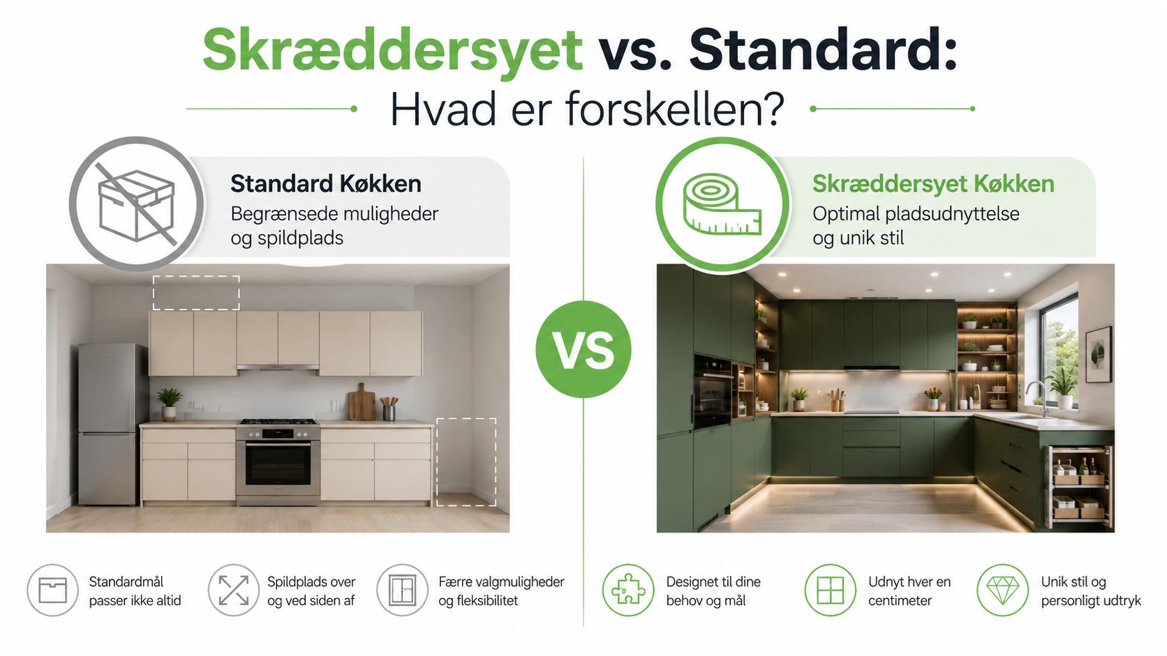 Sammenligning af standardkøkken med begrænset plads og skræddersyet køkken med optimal udnyttelse af hver centimeter.