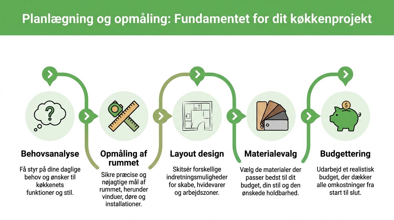 En infografik der viser de fem vigtige trin i planlægning af et nyt køkkenprojekt fra start til slut.