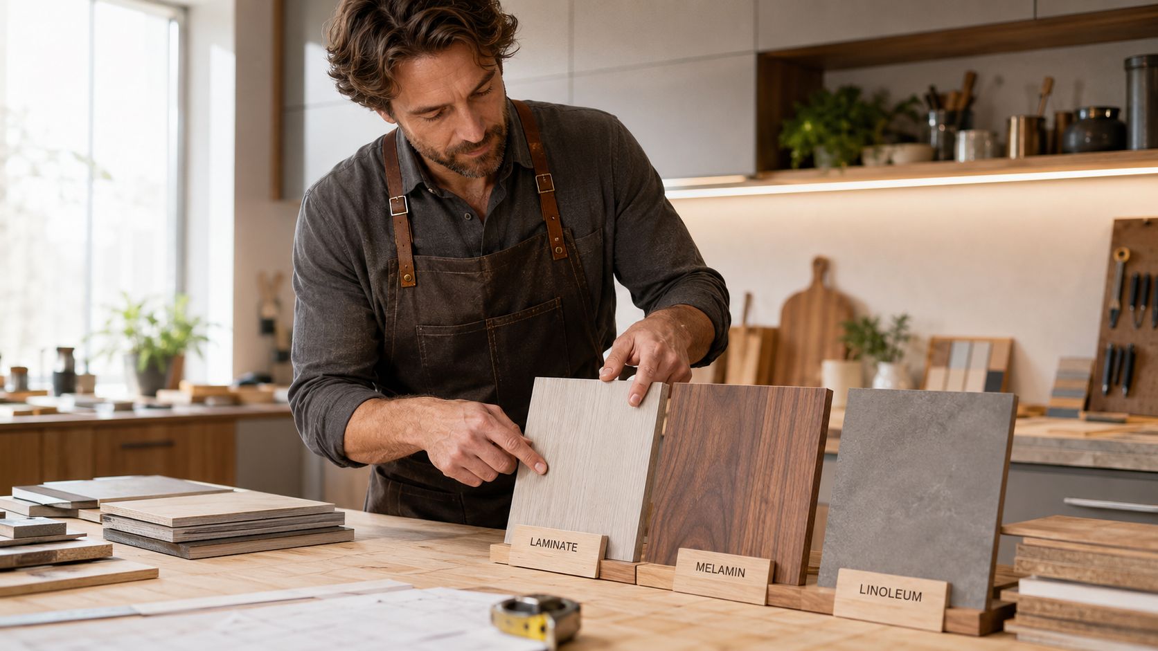 En snedker arbejder i et køkken-showroom og viser prøver af laminat, melamin og linoleum til bordplader.