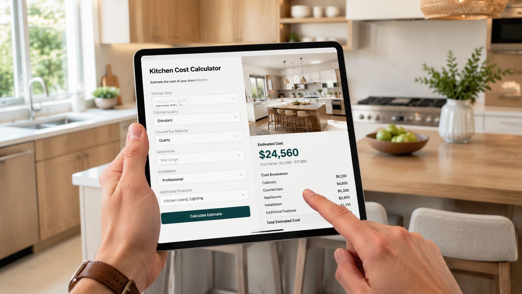 En person bruger en tablet til at beregne prisen på et nyt køkken via en online portal.