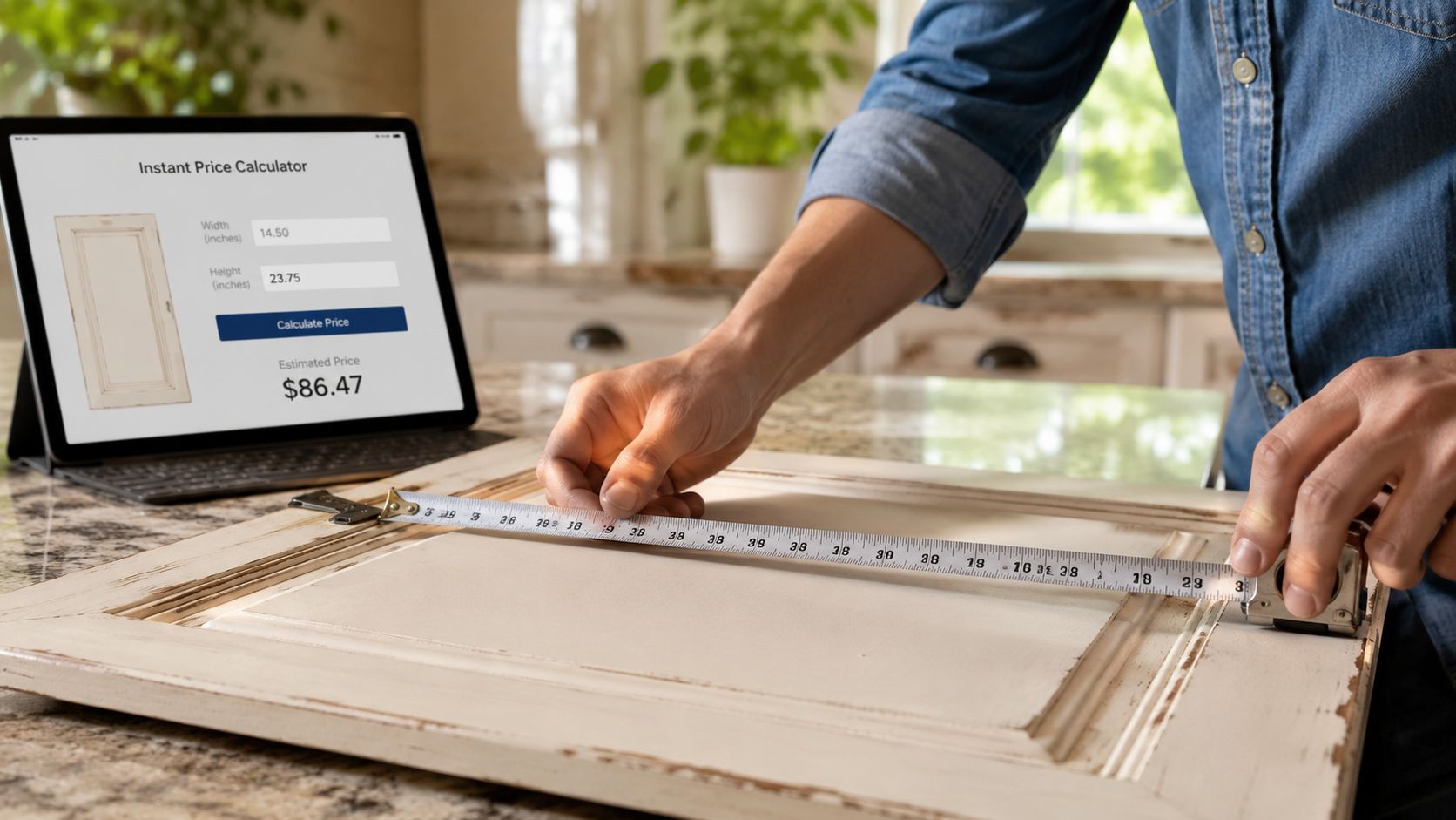 En person måler en køkkenlåge med et målebånd ved siden af en tablet med en prisberegner.