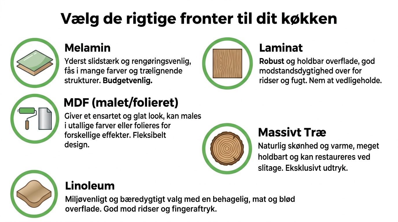 Oversigt over forskellige materialetyper til køkkenfronter, herunder melamin, laminat, MDF, massivt træ og linoleum.