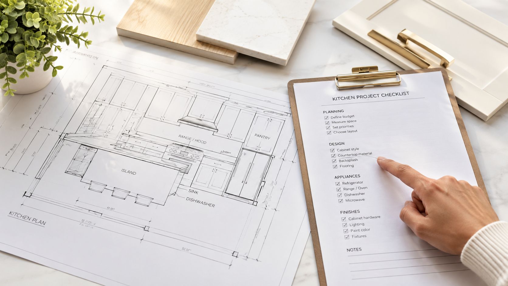 En hånd peger på en tjekliste for køkkenrenovering ved siden af plantegninger og materialeprøver til et moderne køkken.