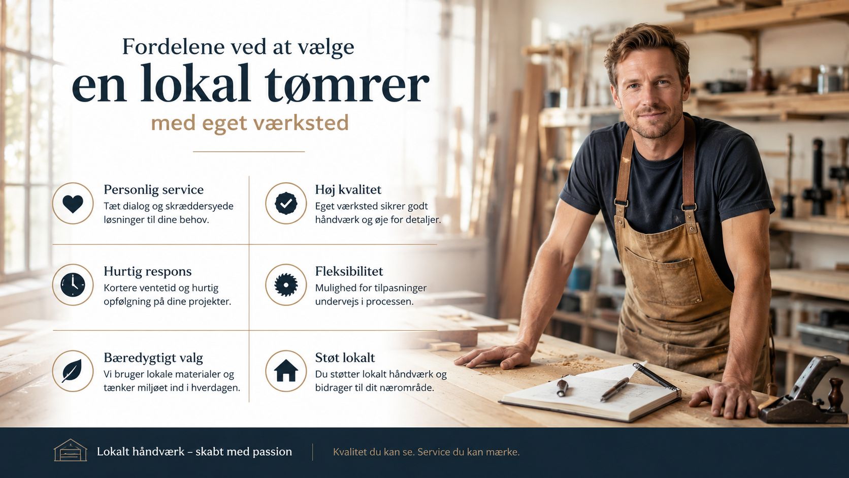 En smilende lokal tømrer i sit værksted med en liste over fordelene ved at vælge lokalt håndværk.