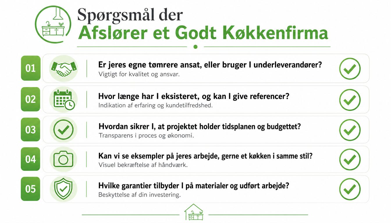 En infografik med fem vigtige spørgsmål, man bør stille et køkkenfirma før man vælger dem.