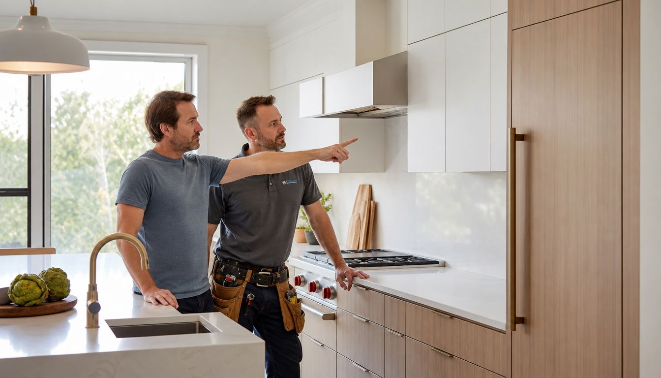 En professionel køkkenkonsulent taler med en kunde om installation af moderne skabe i et stilfuldt køkken.