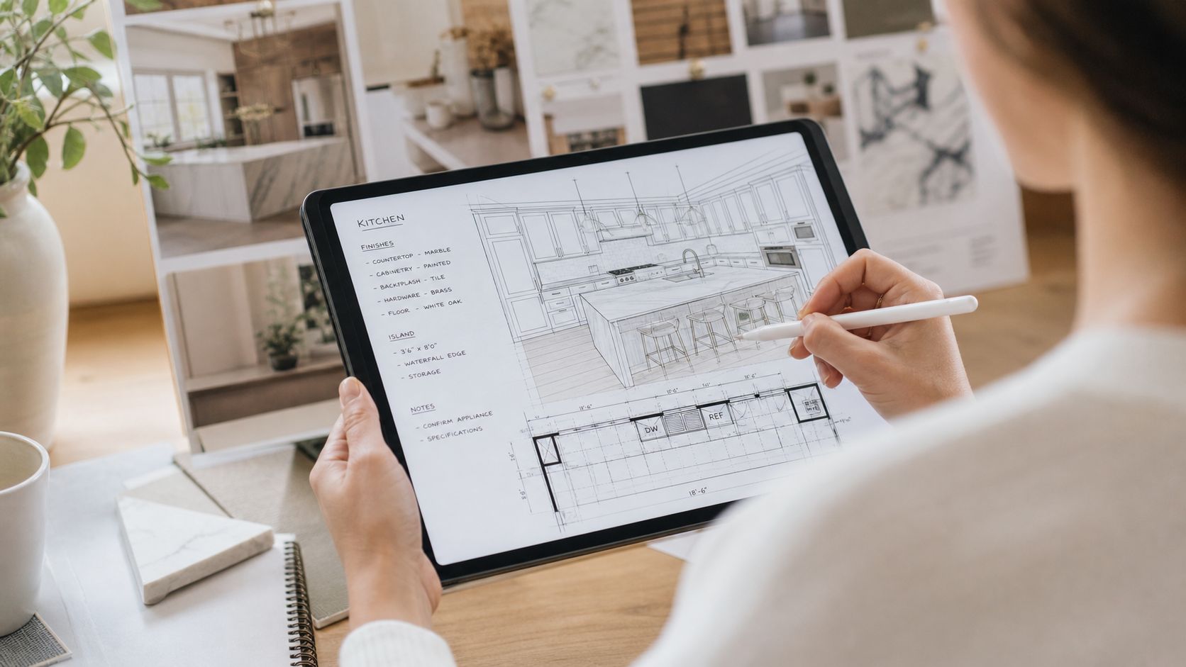 En kvinde tegner et nyt køkkenlayout på en tablet med en digital pen i et professionelt designstudie.