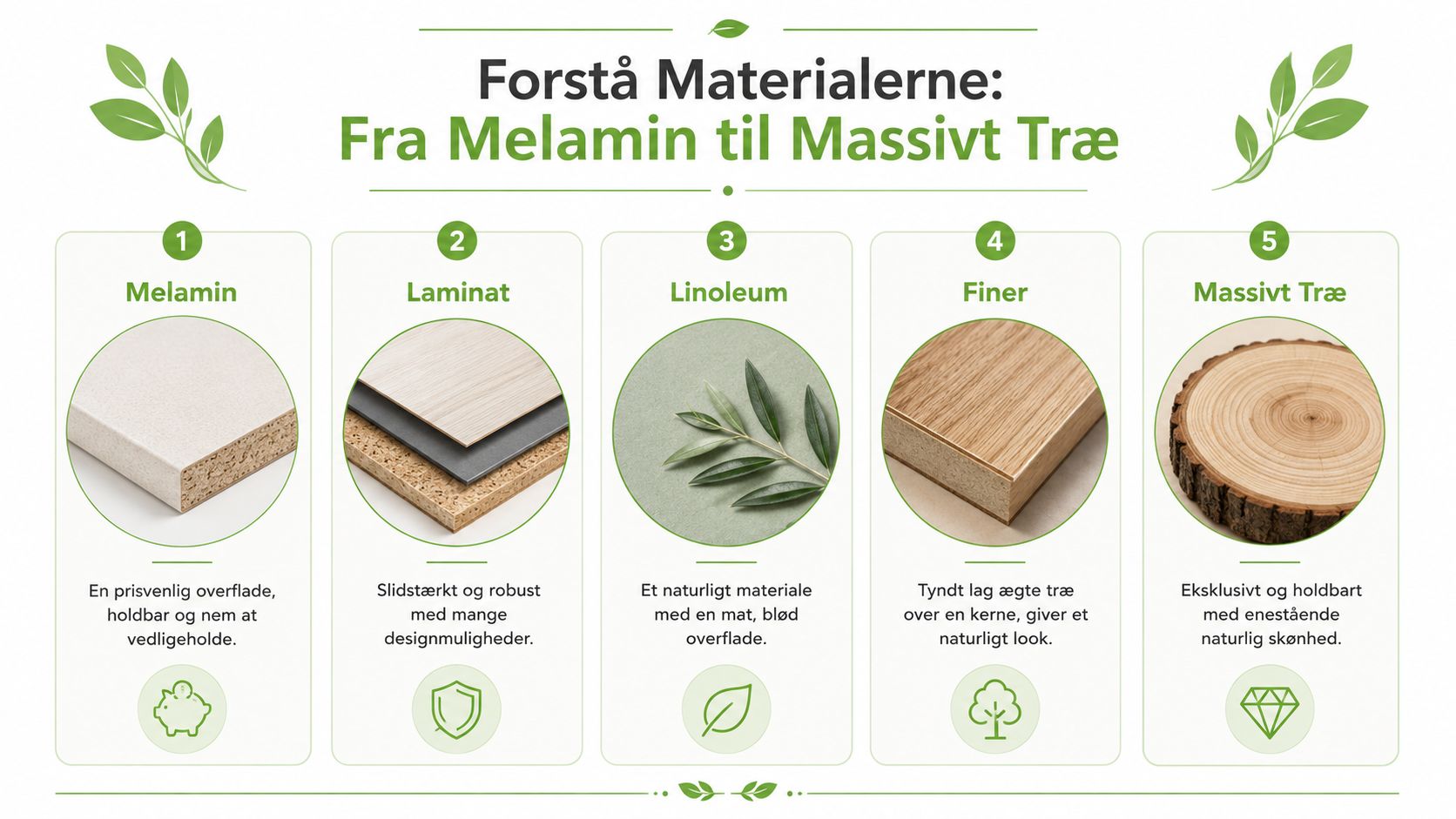 En infografik der forklarer forskellige møbelmaterialer fra melamin til massivt træ med beskrivelser af hver type.