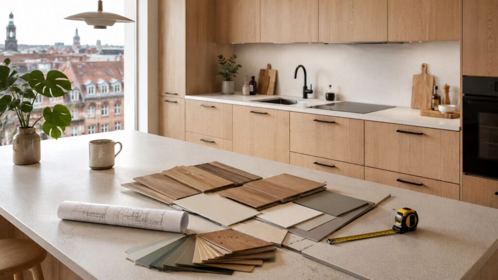 Køkken med træskabe, arbejdsbord og prøver til renovering.
