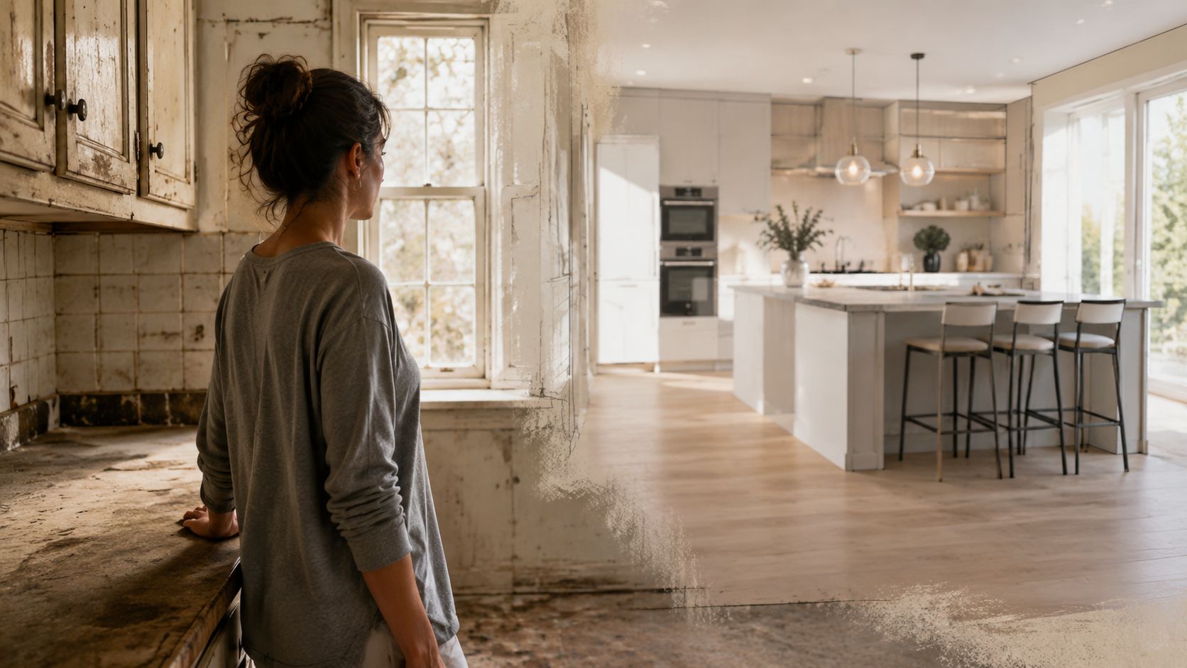 En kvinde står i et gammelt køkken og drømmer om en moderne køkkenrenovering i sit hjem.