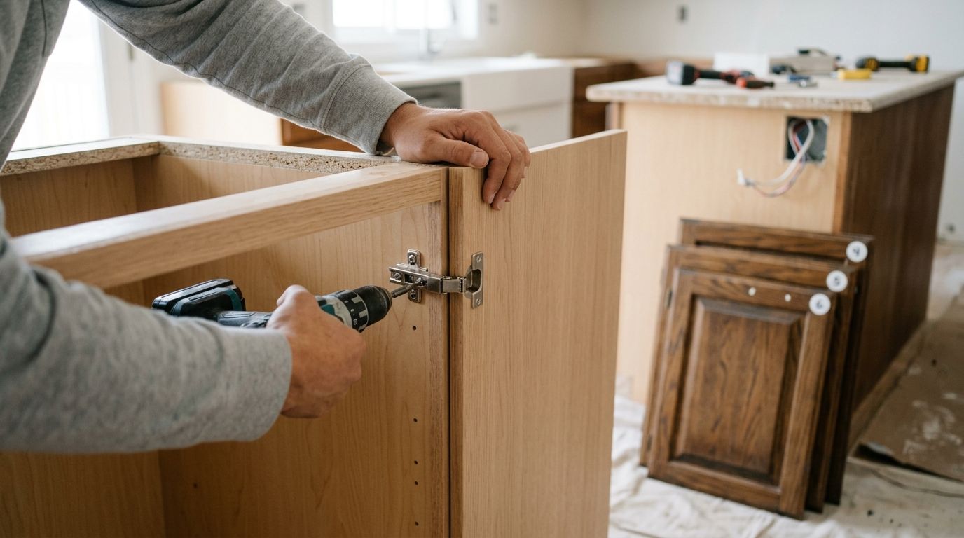 En person monterer et køkkenskab med en boremaskine i et køkken under renovering.
