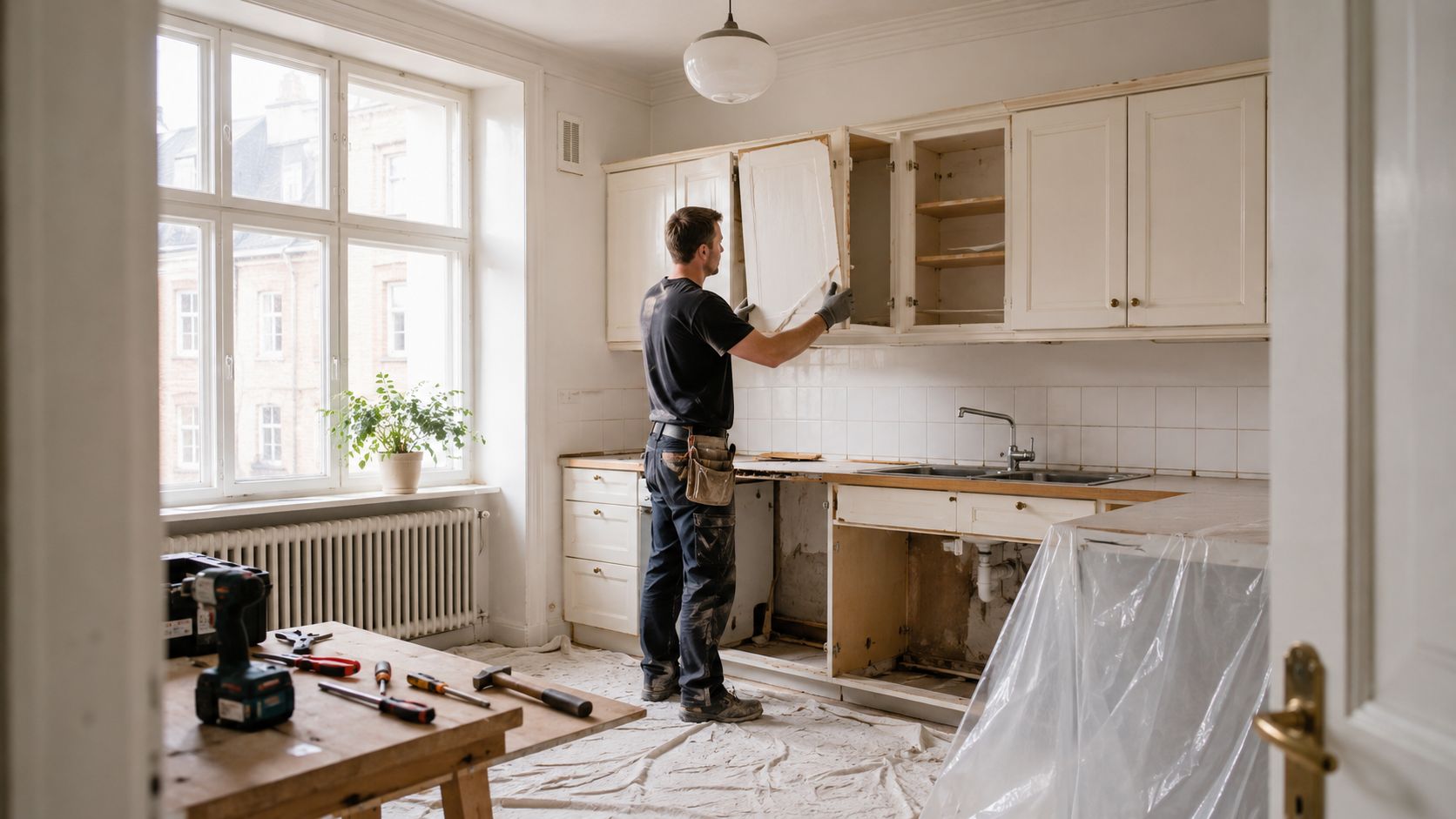 En håndværker er i gang med at montere eller afmontere køkkenskabe i et køkken under renovering.