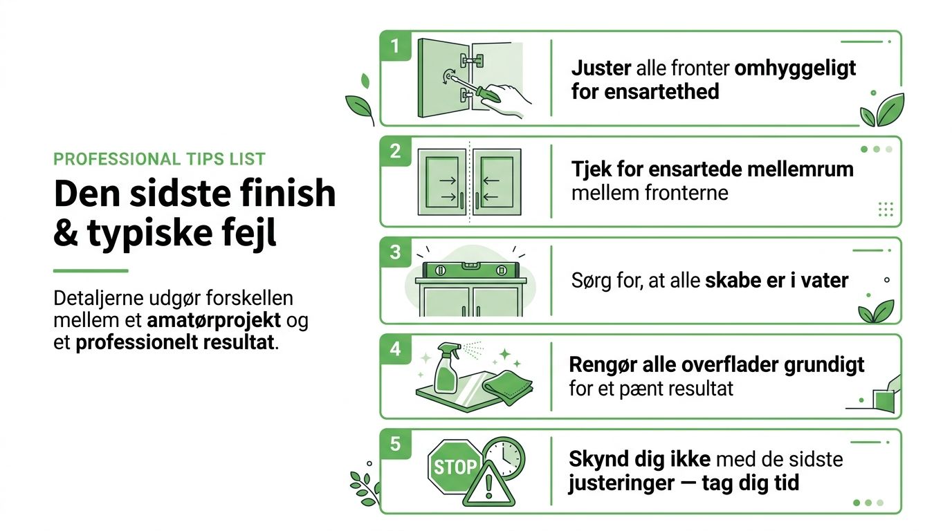 En liste med professionelle råd til den sidste finish ved køkkenmontering for at opnå et flot resultat.