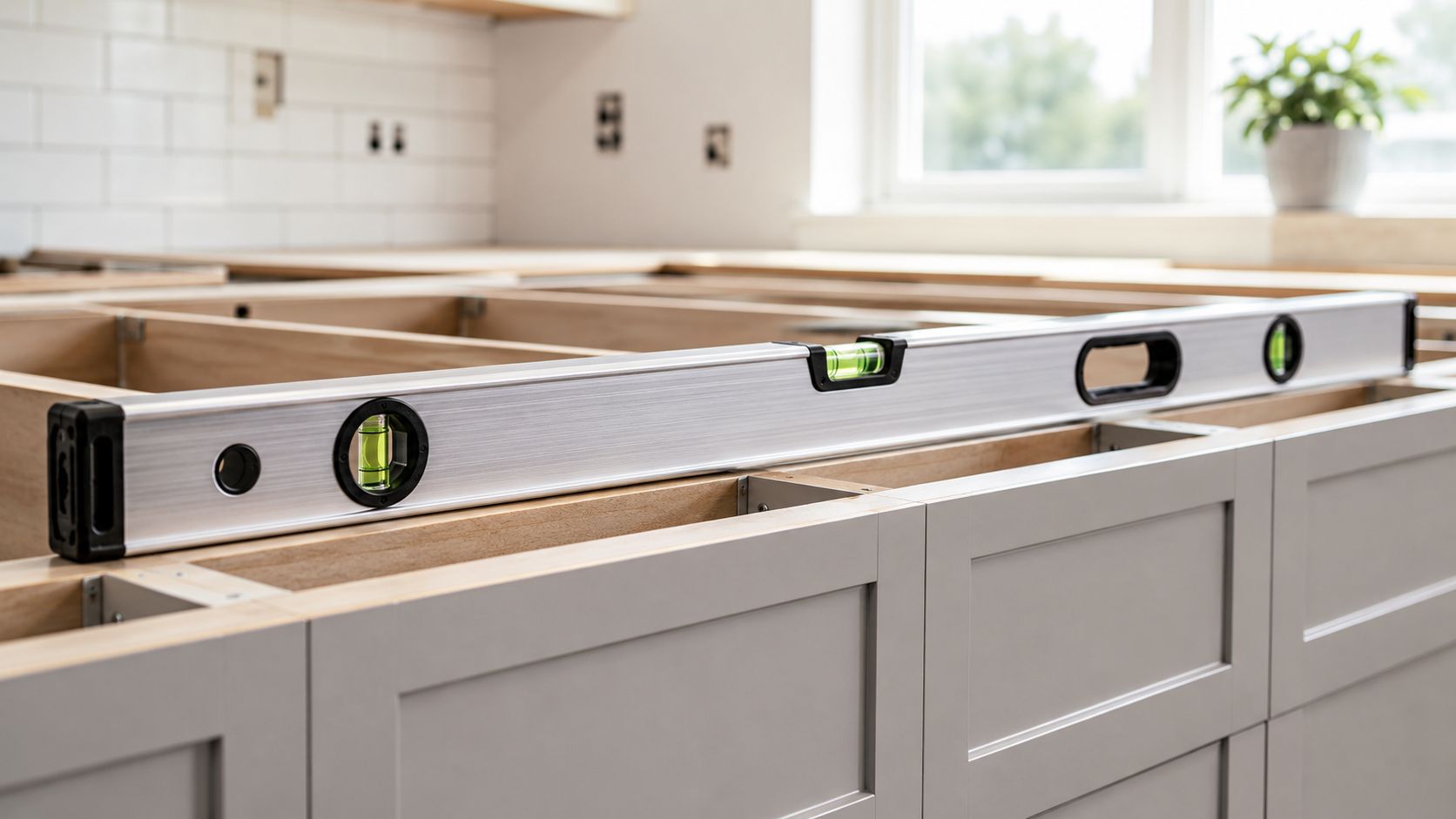Et vaterpas placeret oven på køkkenskabe under en køkkenrenovering for at sikre en plan overflade.