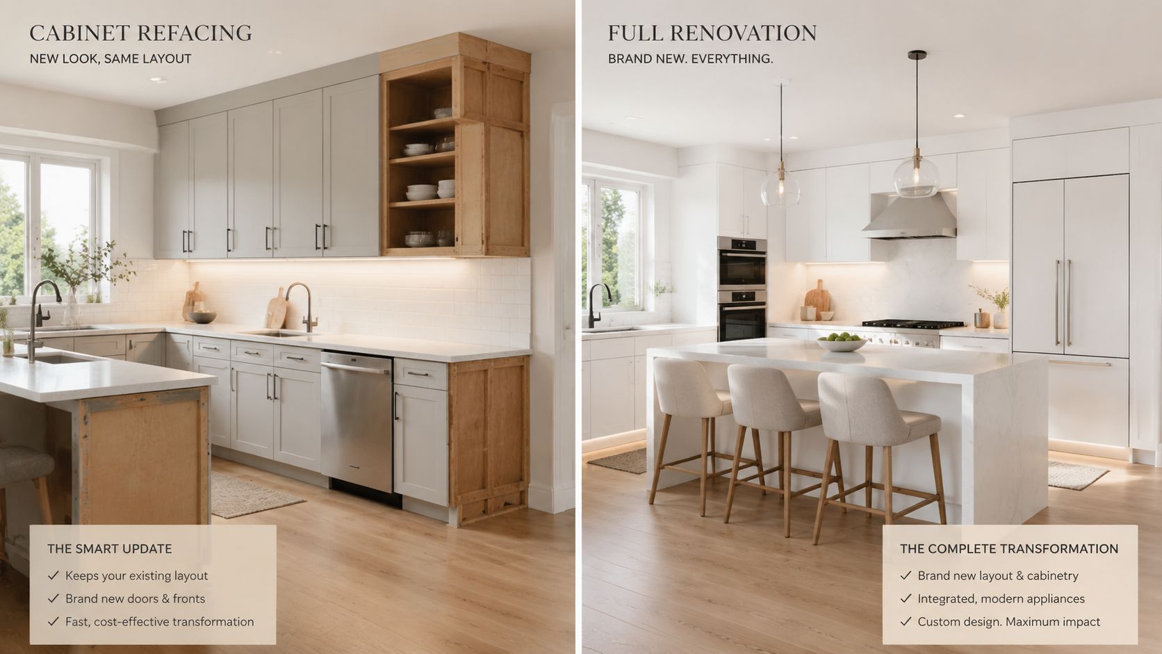 Sammenligning af køkkenmodernisering: delvis udskiftning af låger mod en komplet renovering af et moderne køkken.