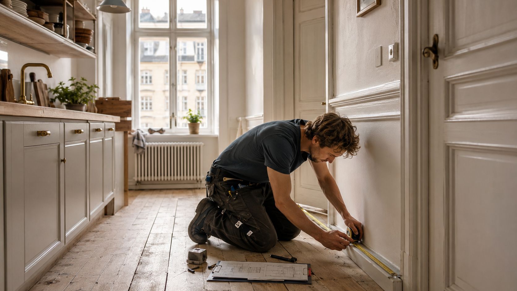 En håndværker måler væggen ved gulvpanelet i et moderne lyst køkken under en renovering af boligen.