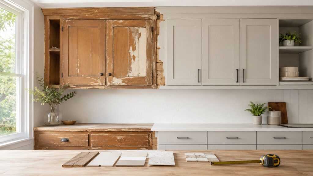 Køkkenrenovering med nyt inventar og gamle elementer.