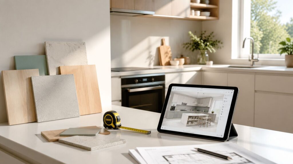 Køkken med designmaterialer og digitalt planlægningsværktøj.